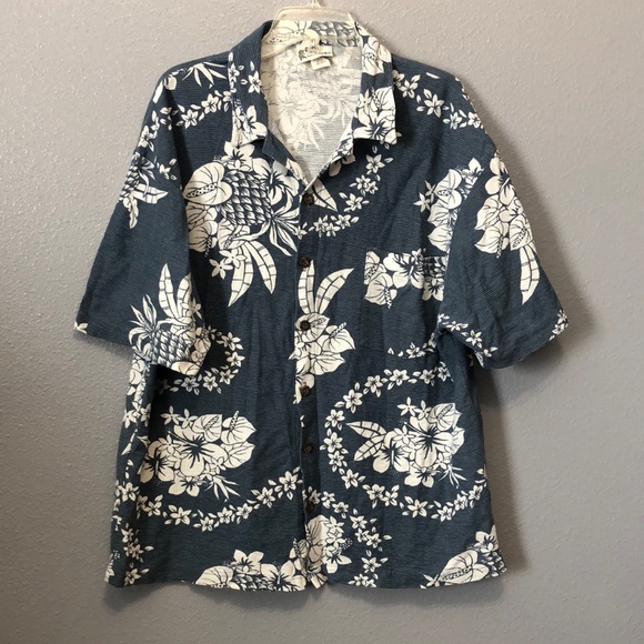 Vintage Point Zero bark cloth Hawiian shirt Men's XL blue white floral tropical - Picture 1 of 10